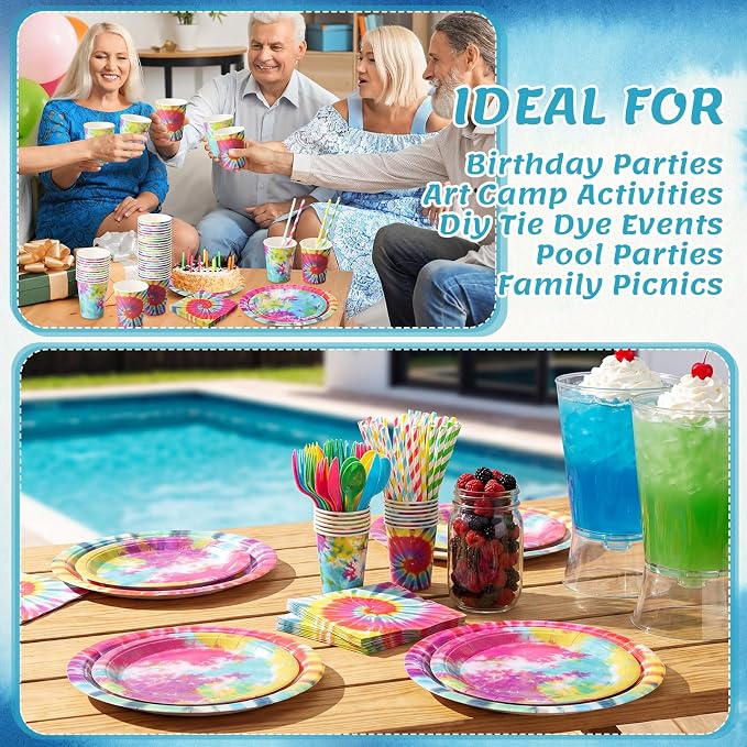 450 Pcs Tie Dye Party Tableware Set Decorations Rainbow Birthday Paper Plates - Image 5