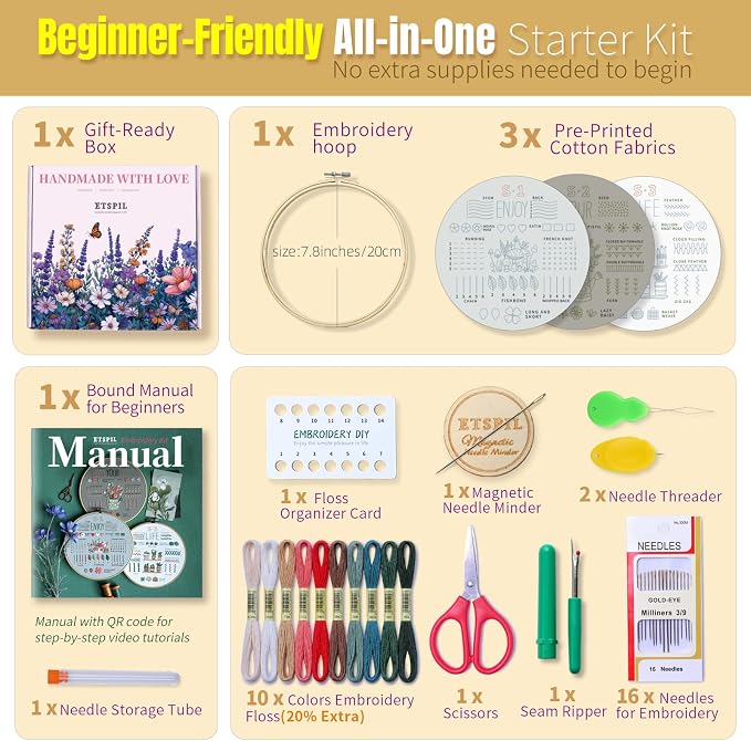 ETSPIL Embroidery Kit for Beginners, 4K Step-by-Step Video, Gift | 33 Stitches - Image 3