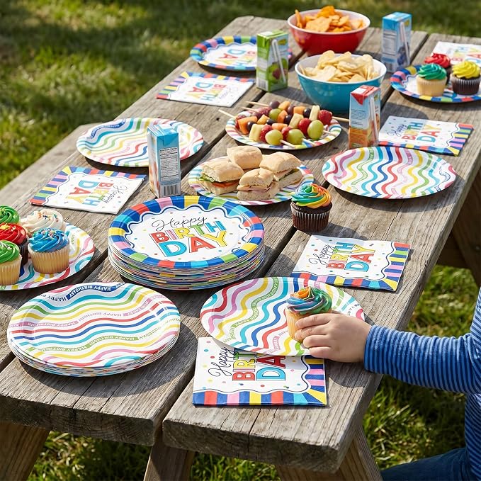 Colorful Happy Birthday Party Supplies, Vibrant Stripe Disposable Tableware - Image 6