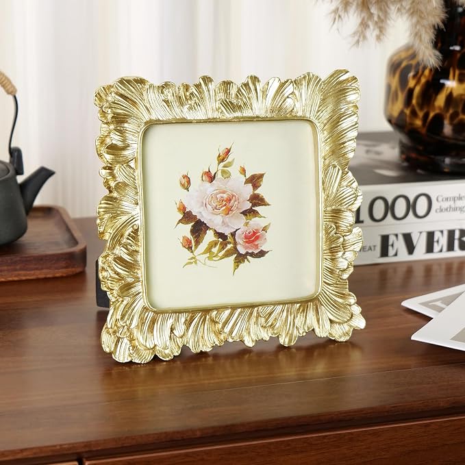 Cuspin Gold Picture Frame 5x5 Frames, Vintage Ornate Frame Palm Leaves Textured - Image 2