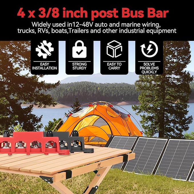 Heart Horse Power Distribution Block Bus Bar 3/8'' Terminal Stud 4 Post with Cover 250 Amp Rating for Marine Automotive and Solar Wiring RV Boat (250A, 3/8'', Red+Black)