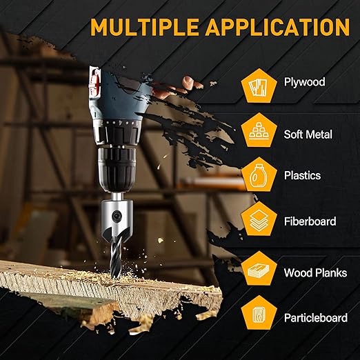 Countersink Drill Bit Set, 7Pcs Sinker Drill Bits M2 HSS, with 1/4" Standard Shank and Allen Wrench, Counter Sink Bit for Woodworking and Carpentry, Pilot Screw Hole Set