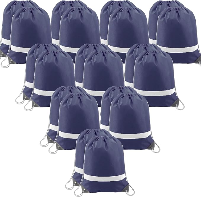 BeeGreen 20 Pieces Navy Blue Drawstring Backpack Bags Wholesale, Reflective by BeeGreen