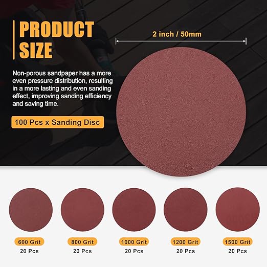 100 Pcs 2 Inch Sanding Disc 600/800/1000/1200/1500 Grit Round Hook and Loop Sandpaper for Random Orbital Sander Automotive Car