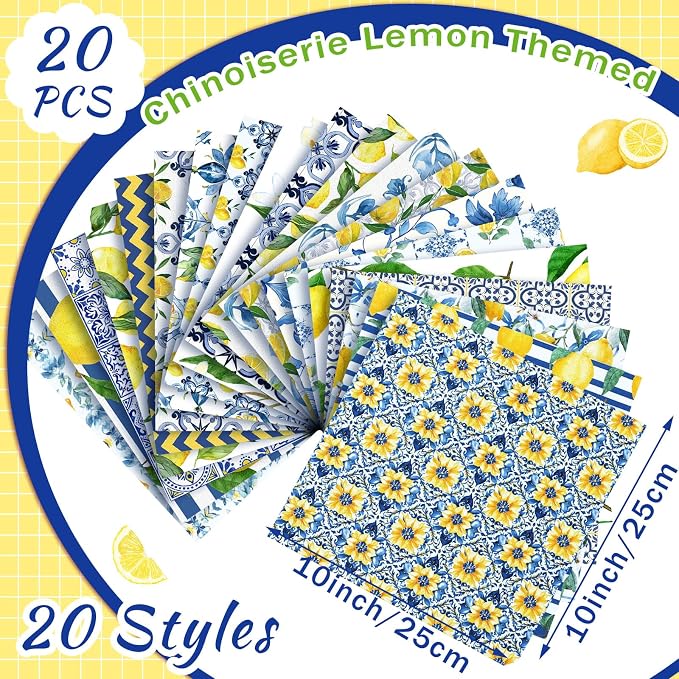 HunnmingRe 20 Pcs 10''x10'' Lemon Quilting Fabric Square Chinoiserie Precuts - Image 2