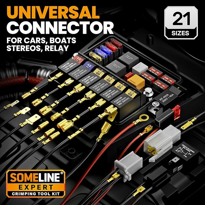 SOMELINE Wire Terminal Crimping Tool Kit,2.8/3.9/4.8/6.3mm Male Female Disconnect Terminals,AWG 24-14 Crimping Pliers for Molex 2.13/2.36mm, AMP - TE CONNECTIVITY Connectors,With Wire Stripper Set