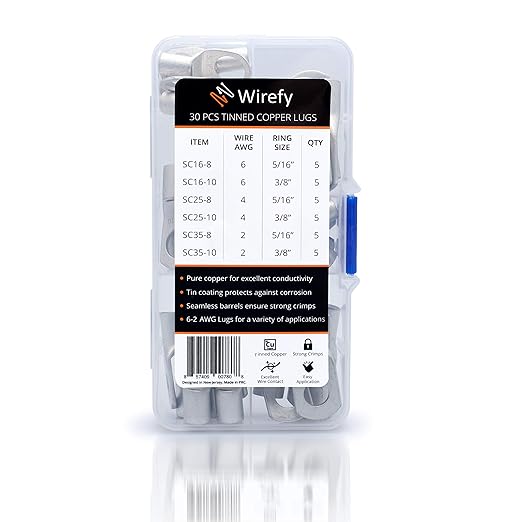 Wirefy 30 PCS Tinned Copper Wire Lugs Kit - Battery Lugs - Crimp Battery Cable Ends - Ring Terminals - 6-2 Gauge