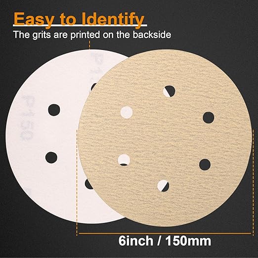 100 PCS 6 Inch Sanding Discs 150 Grit, 6 Hole Hook and Loop Round Sandpaper for Random Orbital Sander