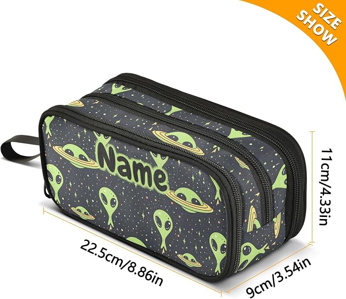 Custom Green Aliens Space Pencil Case Box Boys Girls Personalized Name Large - Image 7