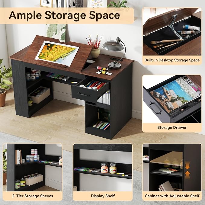 Verano Garden 55.1" Drafting Table, Craft Art Table, Computer Desk | Storage - Image 3