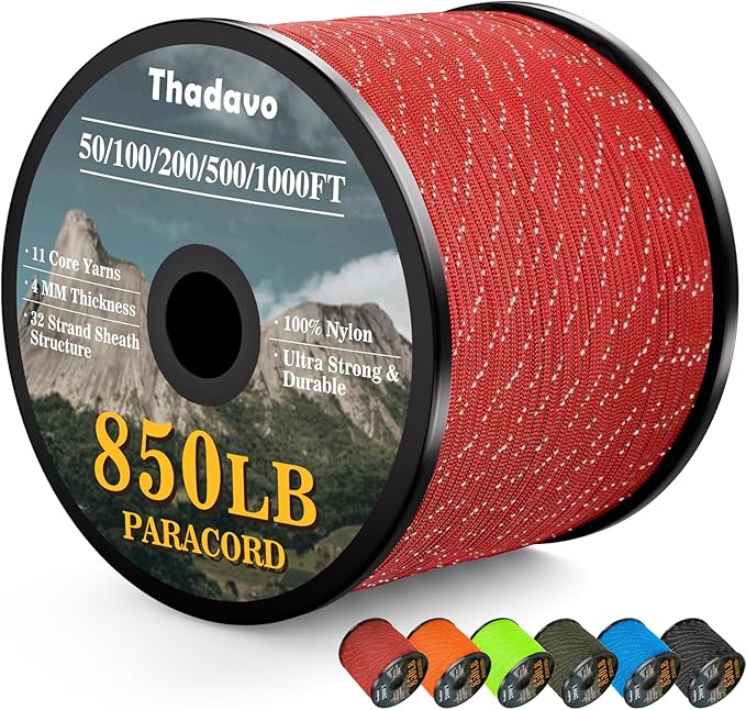 850Ib Reflective Paracord Rope, 50/100/200/500/1000ft 4MM 11 Strand Cords Lanyard Utility Parachute Cord for Survival Tactical Tent Camping Hiking Fishing Clothesline DIY Projects, Red 200FT
