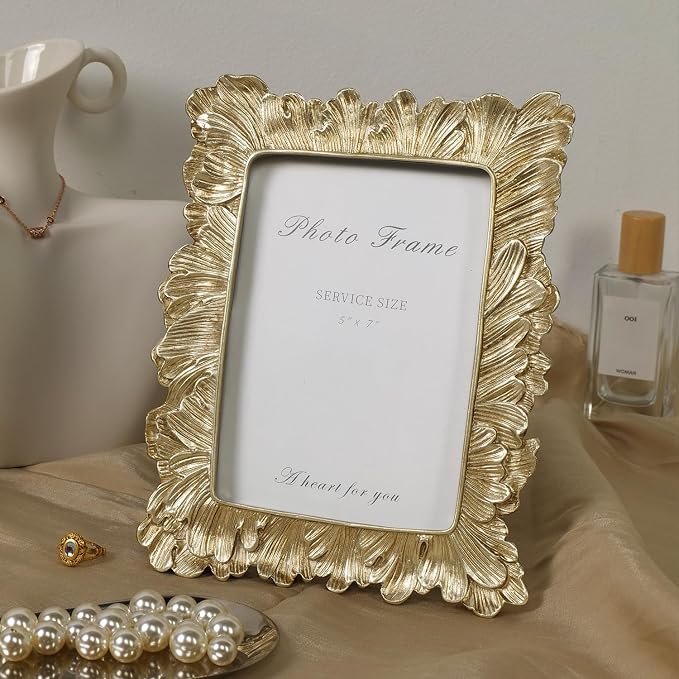 Cuspin 5x7 Picture Frame Gold Frames, Vintage Ornate Palm Leaves Textured - Image 2