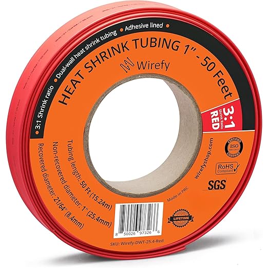 Wirefy 1" Heat Shrink Tubing - Large Diameter - 3:1 Ratio - Adhesive Lined - Industrial Heat-Shrink Tubing - Red - 50 Feet Roll