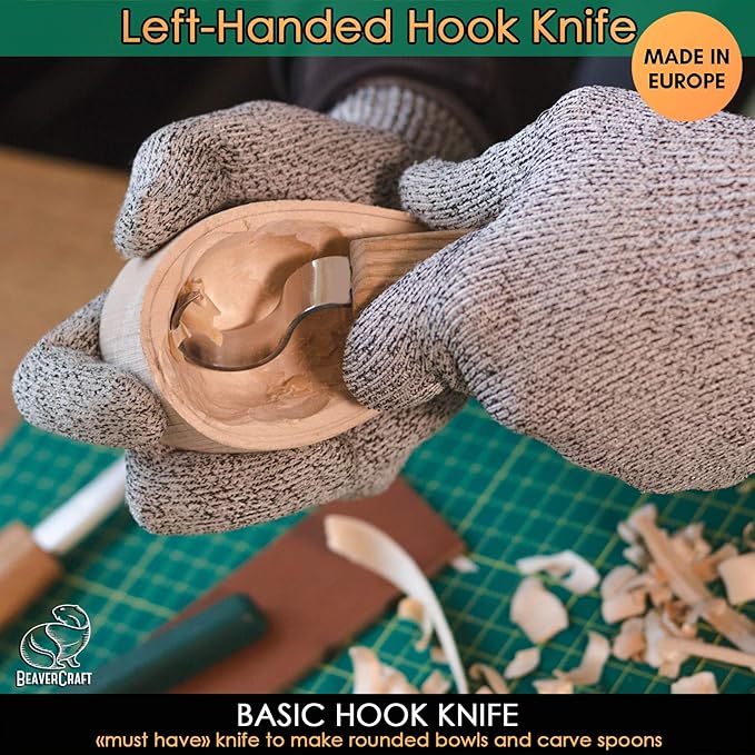 BeaverCraft S13L Wood Carving Tools Set for Spoon Carving 3 Knives in Tools Roll Leather Strop and Polishing Compound Hook Sloyd Detail Knife Left-Handed Spoon Carving Knives (S13L Left-Handed)