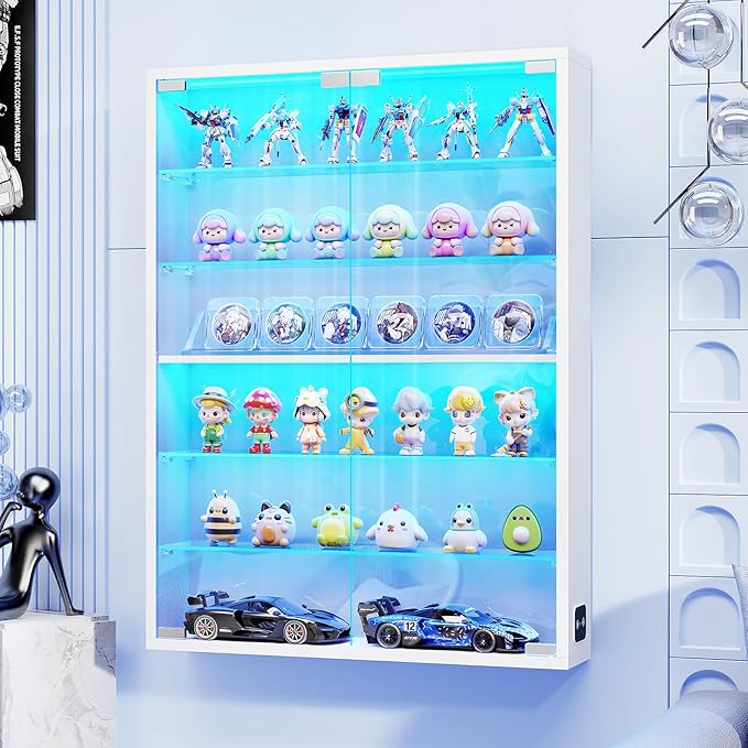 6-Tier Wall Display Case with Glass Doors, LED Display Cabinet with Adjustable by AauroHome