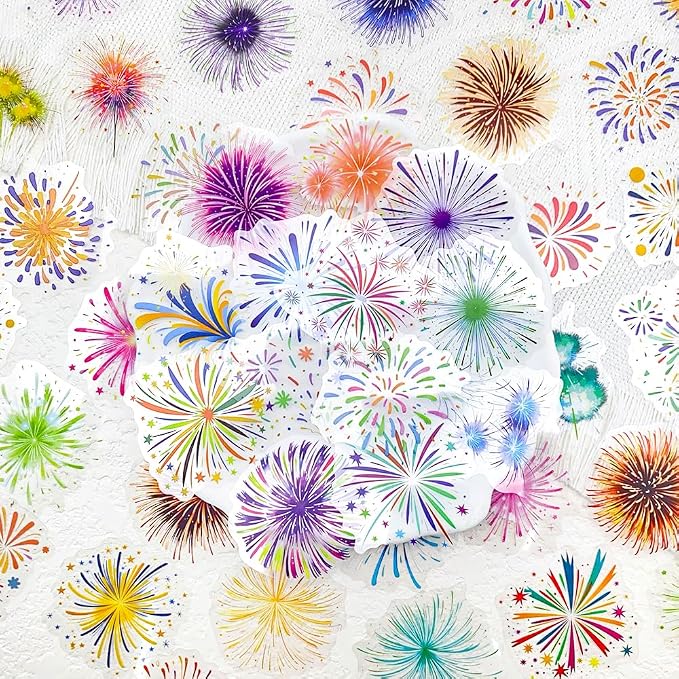 50 Pcs Fireworks Scrapbook Stickers – Waterproof Clear Aesthetic Stickers by YOKSAS