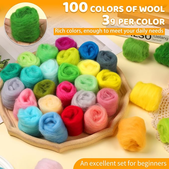 WONVOC 100 Colors Needle Felting Wool, Wool Roving 3g per Color, 10.5 oz Total - Image 2