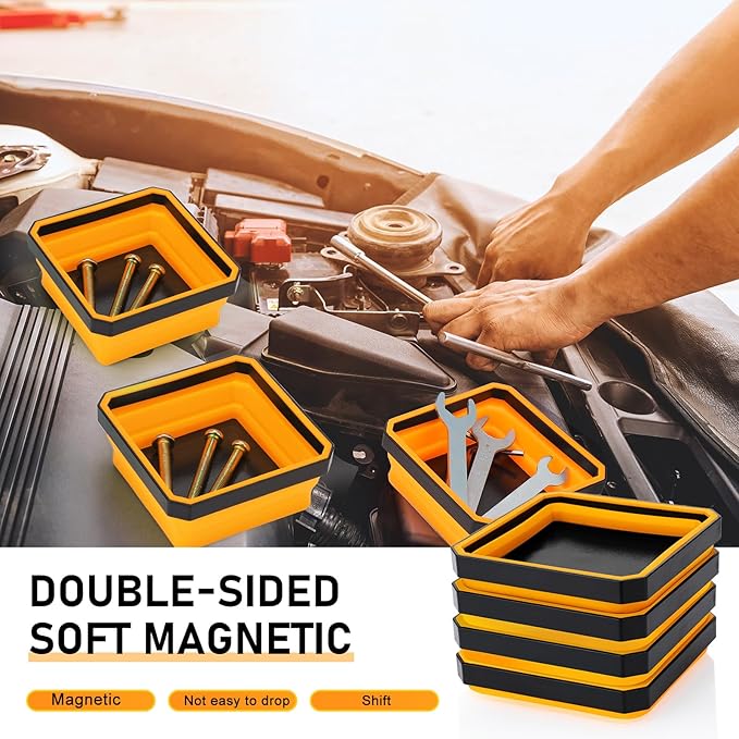 Barydat 10 Pcs Magnetic Tool Tray Collapsible Foldable Parts Trays Set Magnetic Screw Tray Magnetic Parts Bowl Square Silicone Magnetic Tool for Bolts Nuts Washers Pins Screw Parts (Orange)