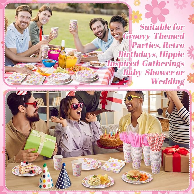 450 Pcs Daisy Groovy Tableware Set Decorations Boho Daisy Flower Paper Plates - Image 5