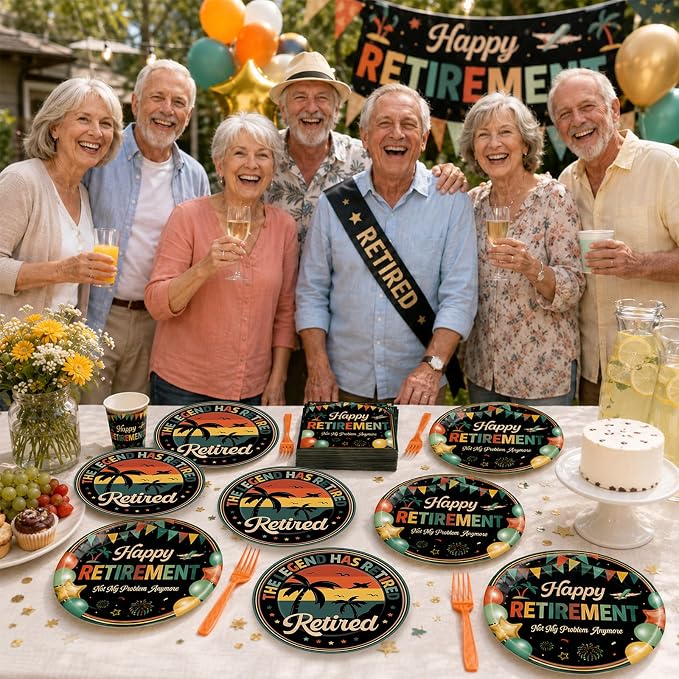 Qyeahkj 100 Pcs Retirement Party Plates and Napkins Set Happy Retired Birthday - Image 5