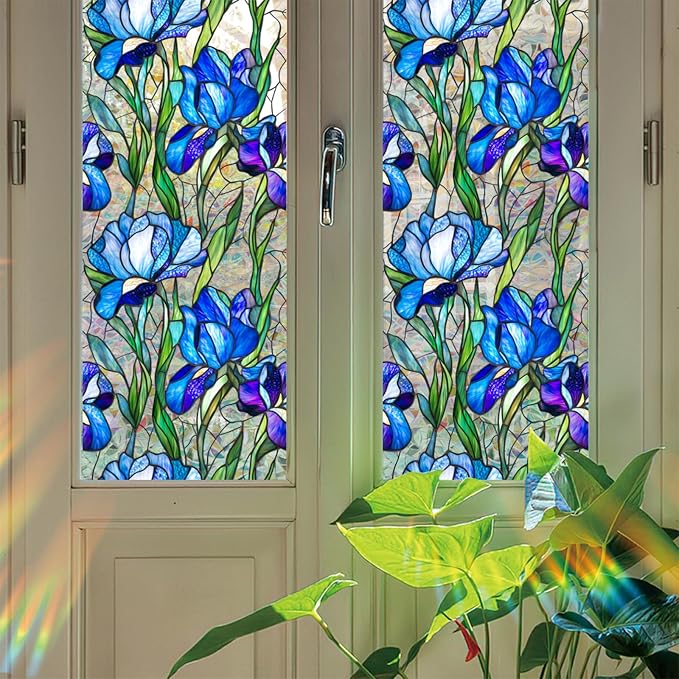 Bloss Blue Iris Flowers Sunroof Film Floral Rainbow Effect Static Clings Window - Image 5