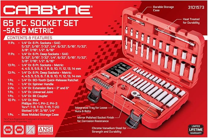 CARBYNE 1/4" Drive 6 Point Socket & Ratchet Set - 65 Piece | SAE & Metric. Includes Metric 4mm to 14mm, SAE 5/32" to 9/16. Chrome Vanadium Steel • From a Family-Run Tool Company Based in the U.S.A.