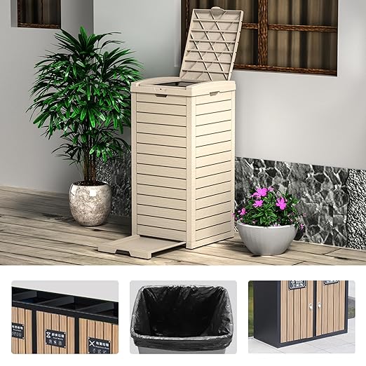 Vixzen 38Gallon Outdoor Trash Can with Lid,Waterproof Resin Waste Bin,Lightweight,Large Sturdy Garbage Bin for Patio,Kitchen,Backyard,Gray