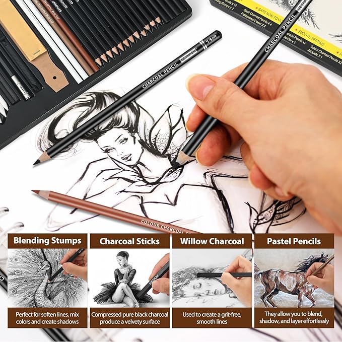 GETHPEN 34Pcs Sketch Drawing Kit, Graphite 14B-4H Charcoal Pencils Sticks | - Image 5