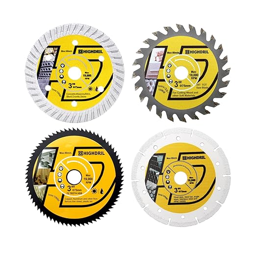 HIGHDRIL 3" 75mm Circular Saw Blade Set 4pcs - Diamond/HSS/TCT Cutting Disc for Angle Grinder Cutting Soft Metal Copper Aluminum Granite Tile Plastic Wood