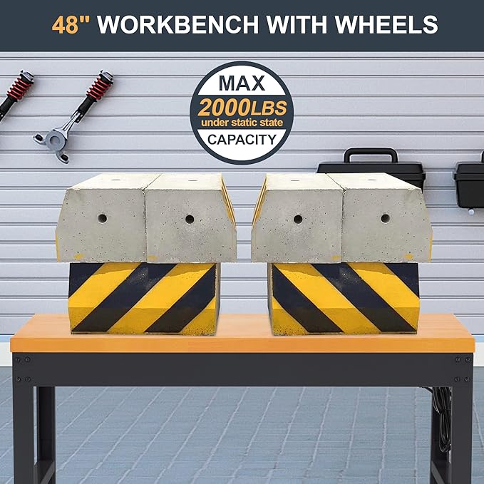 HABUTWAY Height Adjustable Workbench with Wheels 48" x 24" 2000 Lbs Capacity Solid Wood Work Station Heavy-Duty Rolling Work Tables for Garage Party Shop Office