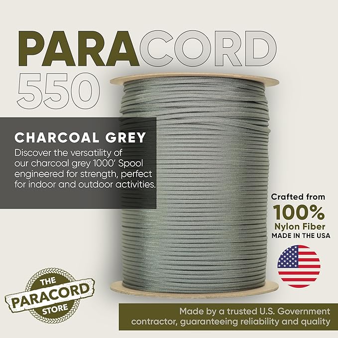 The Paracord Store | Type III 550 Paracord - 1000 FT Spool, Charcoal Grey | Heavy Duty 7 Strand Tactical Paracord - USA Made Nylon Outdoor Parachute Cord for Camping, Fishing & More - Survival Cord
