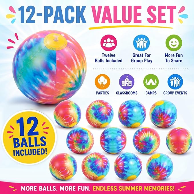 Realspring 12 Pack 8 Inch Tie Dye Beach Balls Bulk Rainbow Themed Pool Toys - Image 3