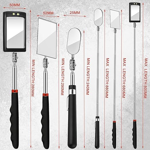 3 Pieces Telescoping Inspection Mirror Round Square Mirror Inspection Tool for Checking Vehicle, Observing Eyelashes Mouth and Other Small Parts(Extended, with Light, Oval Style)
