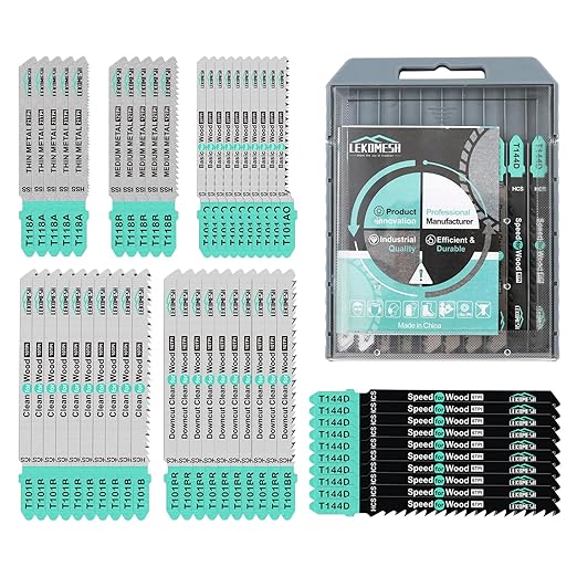 50 PCS Contractor Jigsaw Blades Set - Assorted T-Shank Jig Saw Blades for Wood, Plastic and Metal Cutting(T118A,T118B,T101AO,T101B,T101BR,T144D)