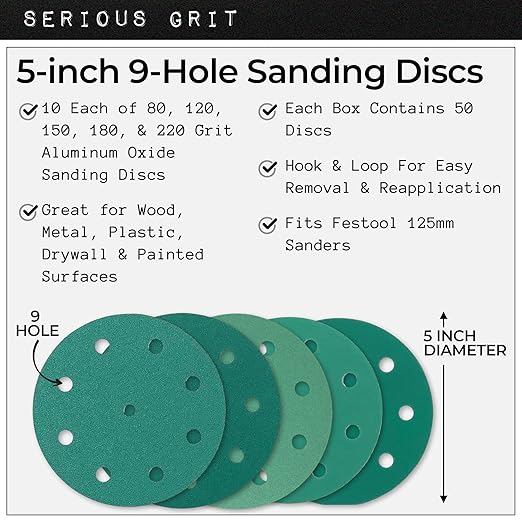 5-Inch 9-Hole Sanding Discs Assortment - 80, 120, 150, 180, 220 Grit (10 of Each) - Heavy-Duty Hook & Loop Film Discs - Sandpaper for Random Orbital Sanders - 50 Pack Box