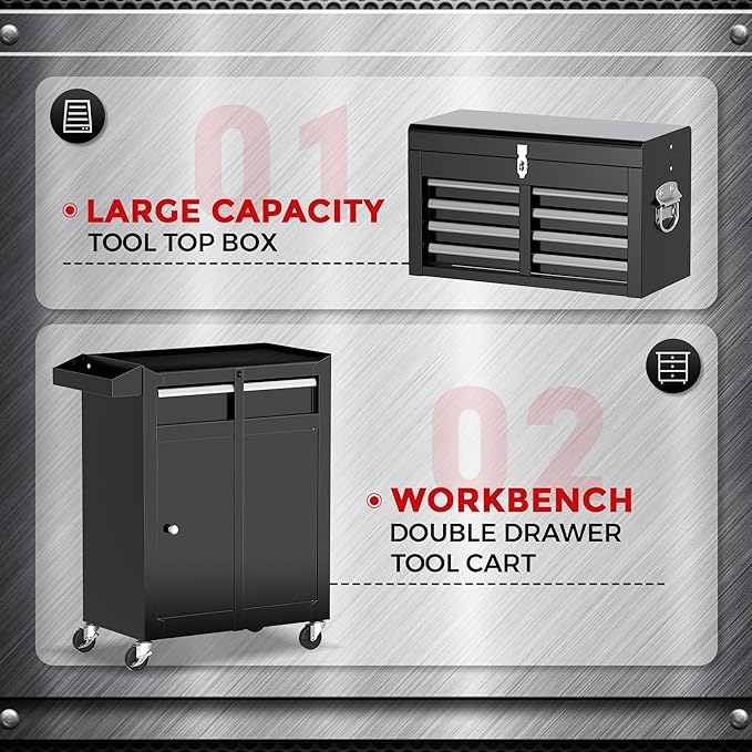 Crownland 5-Drawer Rolling Tool Chest with Wheels, Lockable 2 in 1 Detachable Tool Cabinet wit Drawers and Black Liners, Garage Top Toolbox & Bottom Storage Cart with Side Hooks(Black)