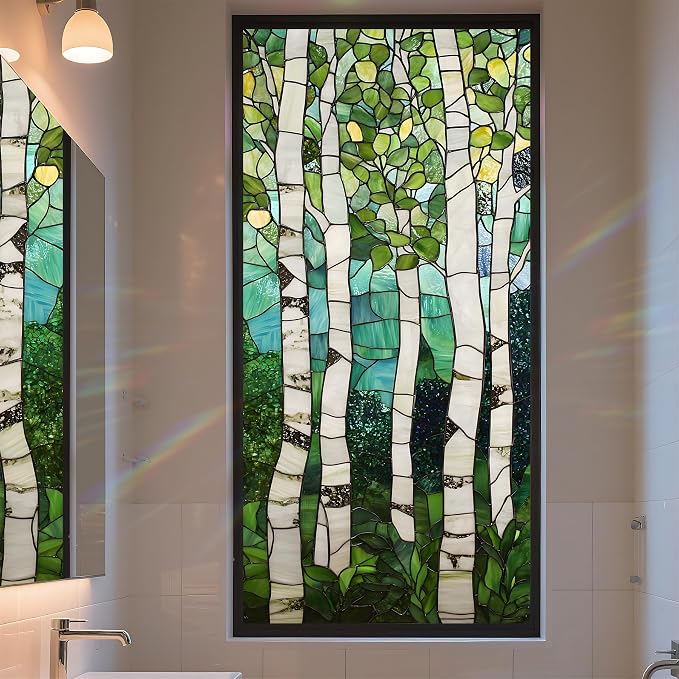 Stained Glass Window Privacy Film: Non-Adhesive Sun and Landscape Mosaic Design by AOHMPT