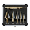 KENDO 5PCS Step Drill Bits with Automatic Center Punch - Black and Gold, High Speed Steel Unibit Step Drill Bit Set, Total 50 Sizes HSS Titanium Step Bits for Metal, DIY Lovers with Aluminum Case