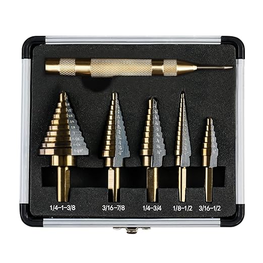 KENDO 5PCS Step Drill Bits with Automatic Center Punch - Black and Gold, High Speed Steel Unibit Step Drill Bit Set, Total 50 Sizes HSS Titanium Step Bits for Metal, DIY Lovers with Aluminum Case