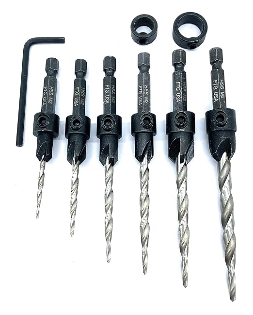 FTG USA Adjustable Wood Countersink Drill Bit Set 6 Sizes Set with Tapered Drill Bit for Woodworking