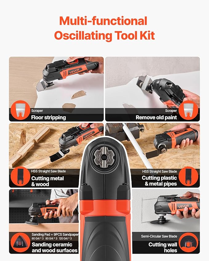 VEVOR Multitool Oscillating Tool, 3Amps Corded Oscillating Multi Tool with 6 Variable Speeds 15000-22000 OPM, 3.2° Oscillating Angle, 13PCS Saw Accessories, LED Work Light & Tool Bag