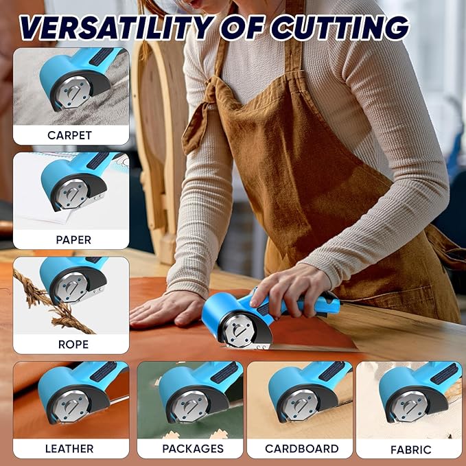 Cordless Electric Scissors, 5V Rechargeable Cardboard Box Cutter Heavy Duty Rotary Tool with Safety Lock & LED Light for Cardboard, Fabric, Box (Blue)