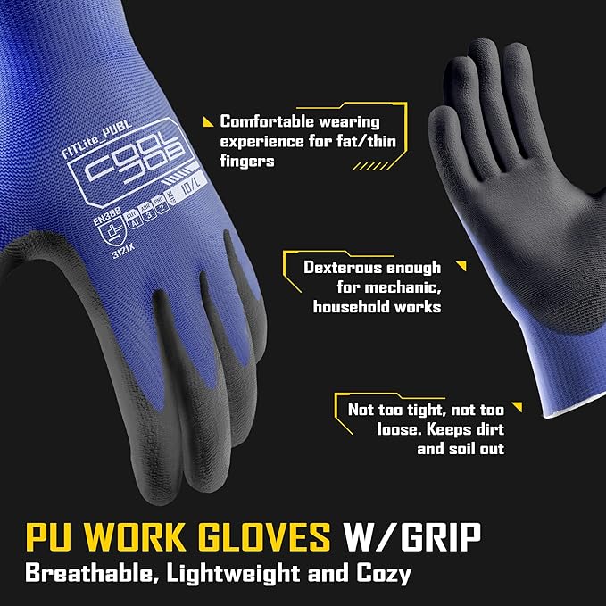 COOLJOB 60 Pairs Safety Work Gloves Pack Bulk with Grip PU Coating, 13 Gauge Seamless Knit Gloves with Polyurethane Dipped for Warehouse Working, Breathable Lightweight for Men Women, Blue Xlarge