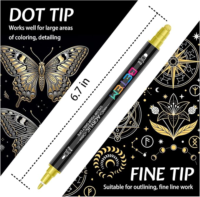 Betem 6 Gold&Silver Dual Tip Acrylic Paint Markers, Fabric Decorating Kits - Image 2