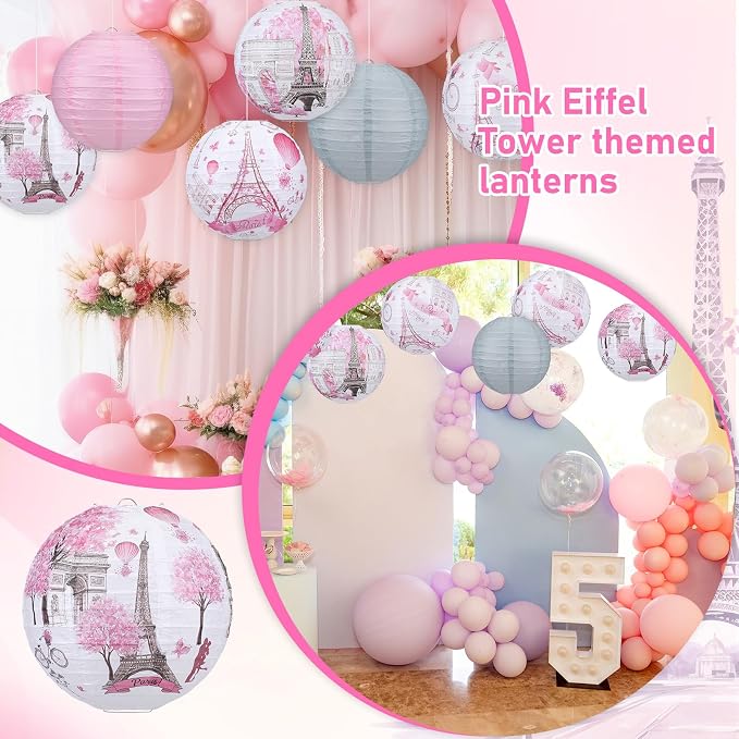 Panelee 12 Pcs Paris Party Decorations Eiffel Tower Pink Paper Lanterns 8 Inch - Image 6