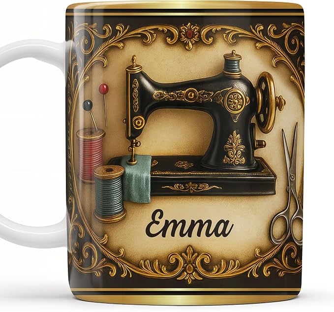 Personalized Classic Sewing Machine Design Coffee Mug, Ceramic Sewing Mug by ALMAGEMSUS