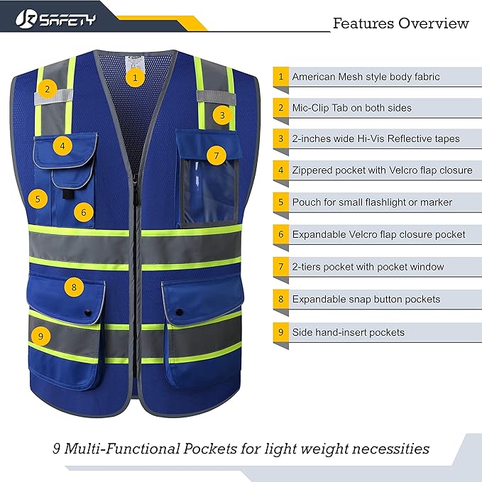 JKSafety 9 Pockets High Visibility Zipper Front MESH Blue Safety Vest | Blue with Dual Tone High Reflective Strips | ANSI/ISEA Standards (100-Blue, XXL)