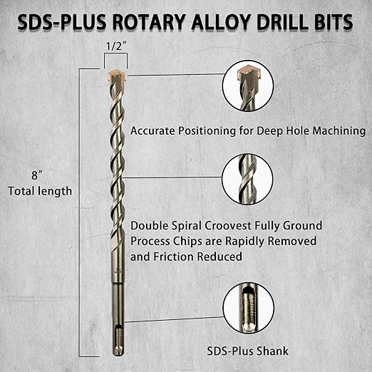 Direko 5-Piece 1/2 inch x 8 Inch SDS Plus Rotary Hammer Drill Bits Carbide Tipped Concert Drill Bits for Concrete, Brick, Cement Walls, Stone, Hammer Drill Bits for Concrete