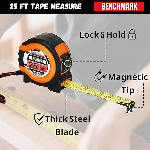 Benchmark - 3 Pack - 25 ft Tape Measures - Easy to Read Fractions to 1/8th inch - Magnetic Tip - Thumb and Quick Lock - Autowind - Belt Clip - Orange/Red