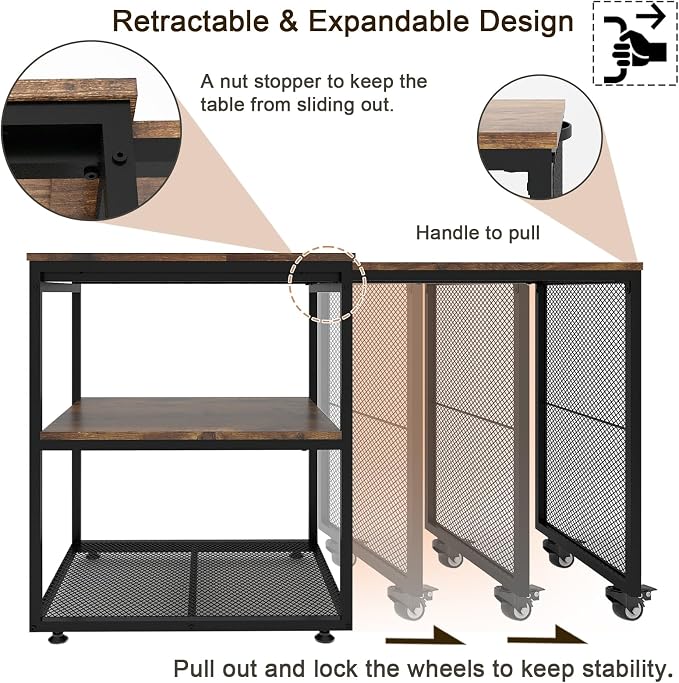 Natwind 24''x20'' Large Printer Stand, Extendable Home Craft Table, Retro | - Image 3